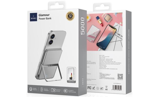 WiWU Wi-P034 5000mAh Ultra Slim Portable Power Bank with 15W Output Multiple Functions Foldable Stand Back Mirror Wireless Charging - Silver